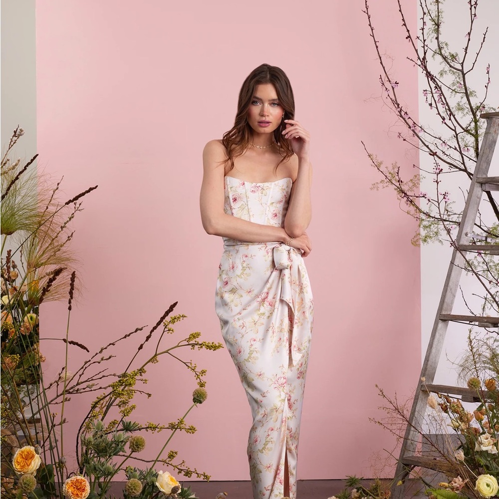 V. Chapman - The June Wrap Dress in Pink Rose Print. Floral Strapless Satin Gown